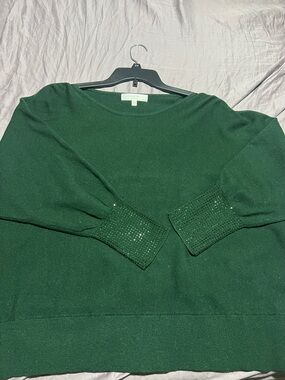 Chelsea & Theodore Forest Green Scoop Neck Sweater with Rhinestone Cuffs